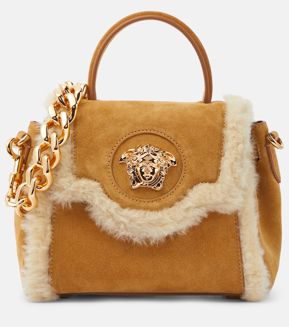 

Маленькая замшевая сумка-тоут la medusa с отделкой из овчины Versace, коричневый