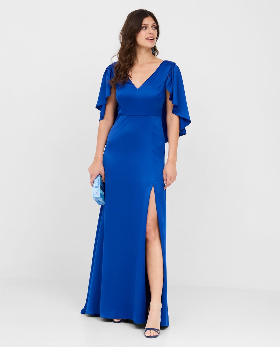 Длинное атласное платье с рукавами с эффектом накидки Veneno en la piel, синий платье длинное с эффектом блеска xs синий