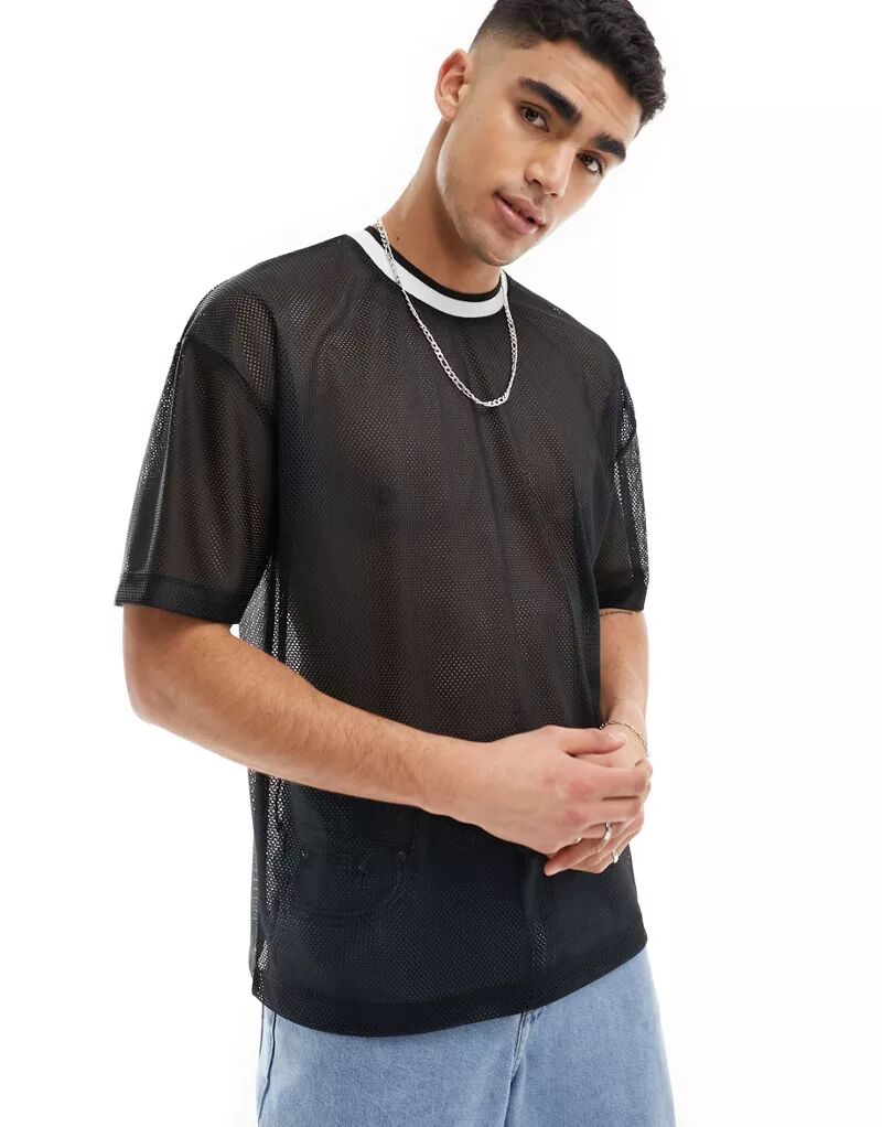 Черная спортивная сетчатая футболка оверсайз с окантовкой ASOS