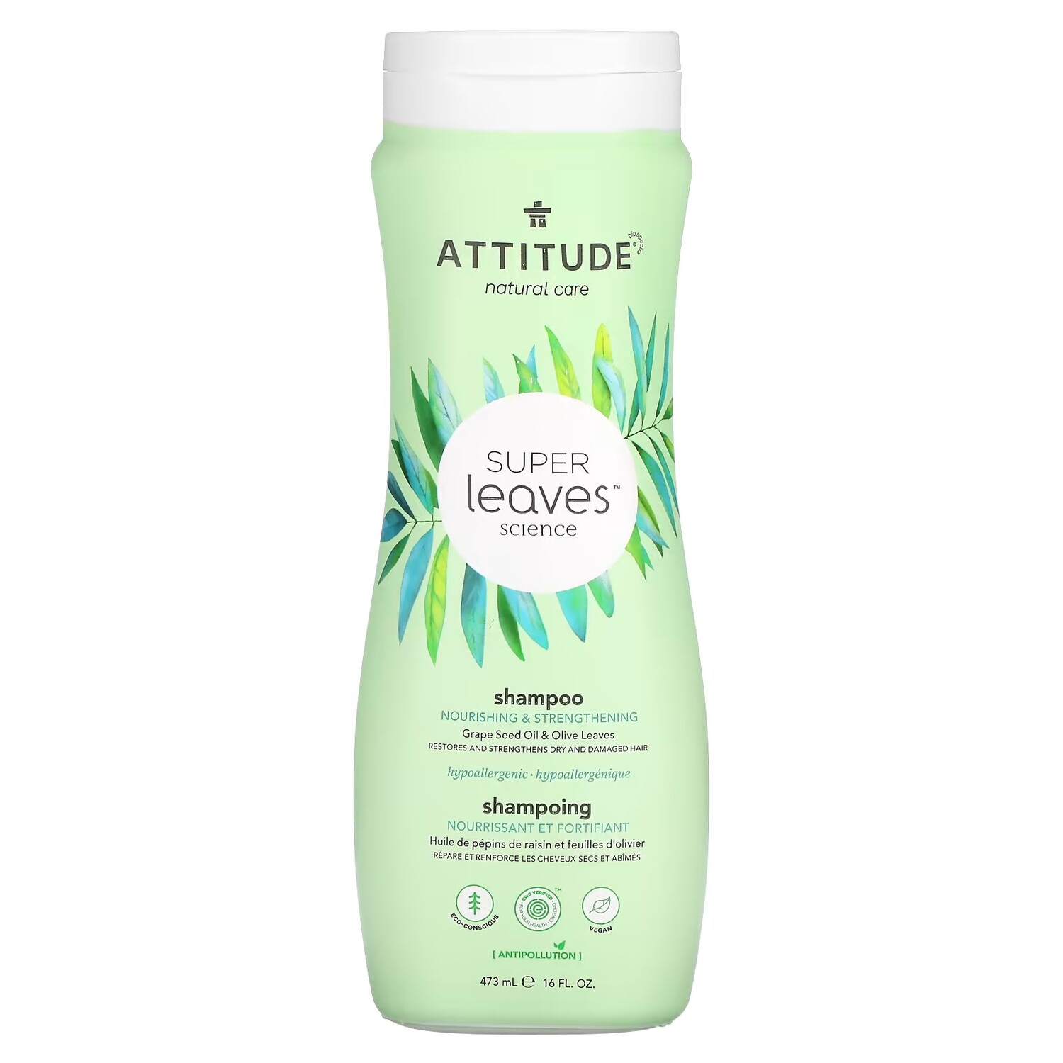 

Шампунь Attitude Super Leaves Science с маслом виноградных косточек и оливковыми листьями, 473 мл