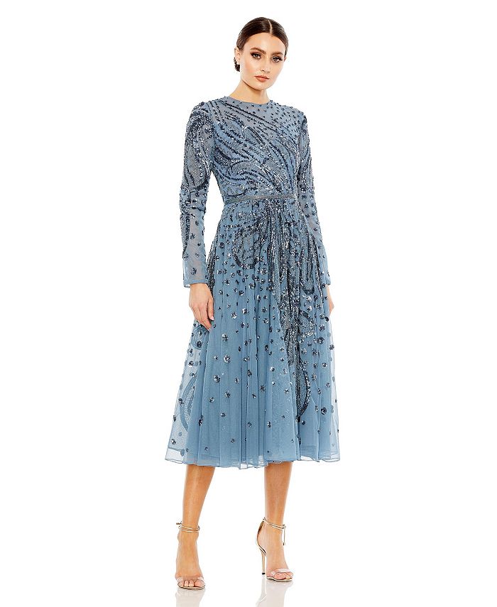 Женское украшенное иллюзионное платье с высоким воротником и длинными рукавами Mac Duggal, синий