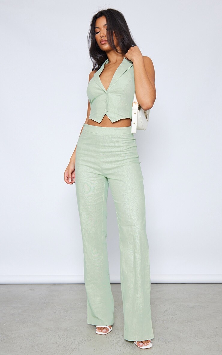 

PrettyLittleThing Прямые брюки шалфейного цвета со льняным эффектом