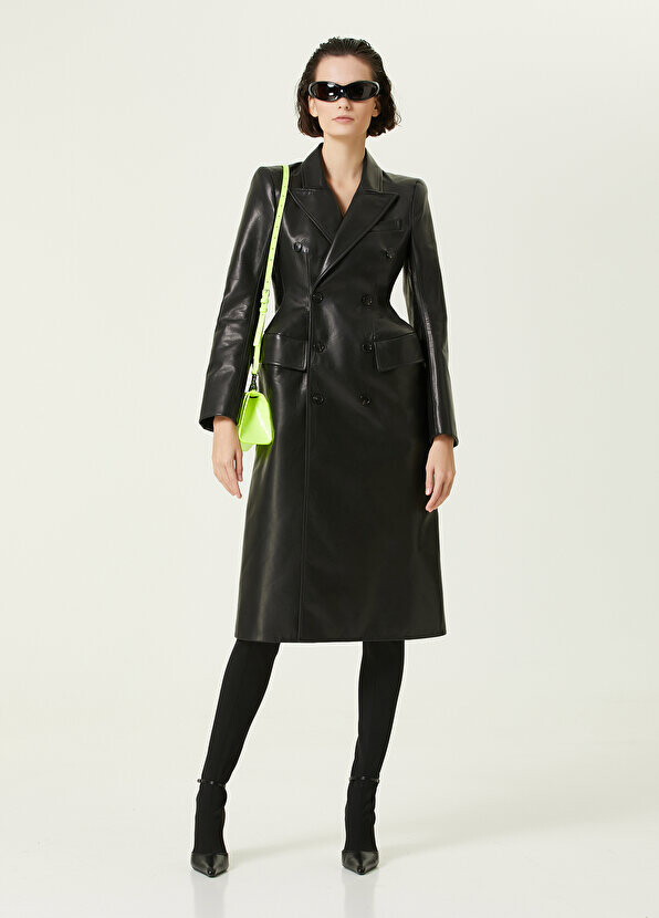 

Черное двубортное кожаное пальто Balenciaga, Черный