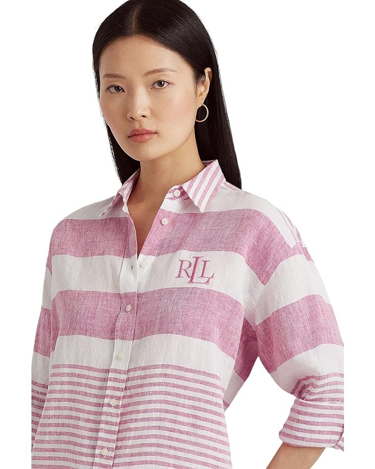 

Рубашка LAUREN Ralph Lauren Petite Striped Oversize Linen Shirt, цвет Sport Pink/White