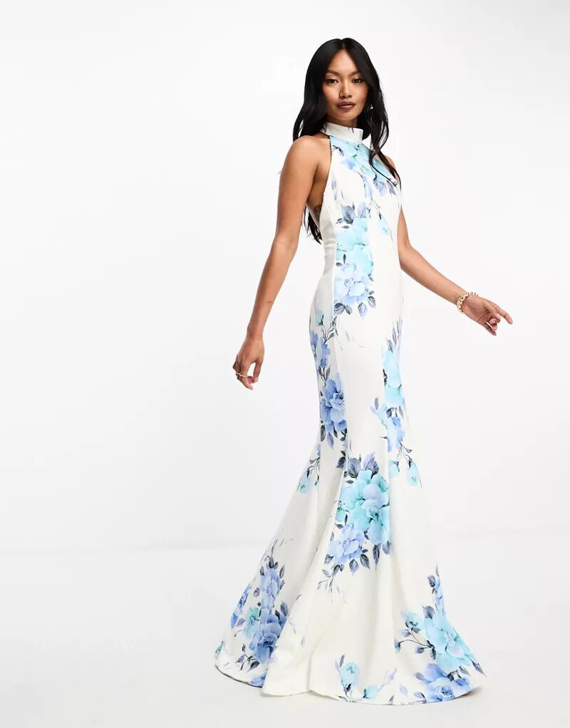 Белое платье макси с высоким воротником и синим цветочным принтом True Violet
