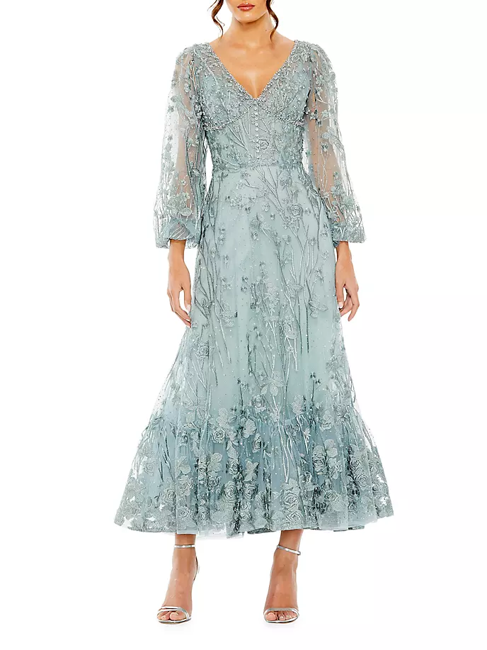 

Платье с объемными рукавами и цветочной вышивкой Mac Duggal, цвет seafoam
