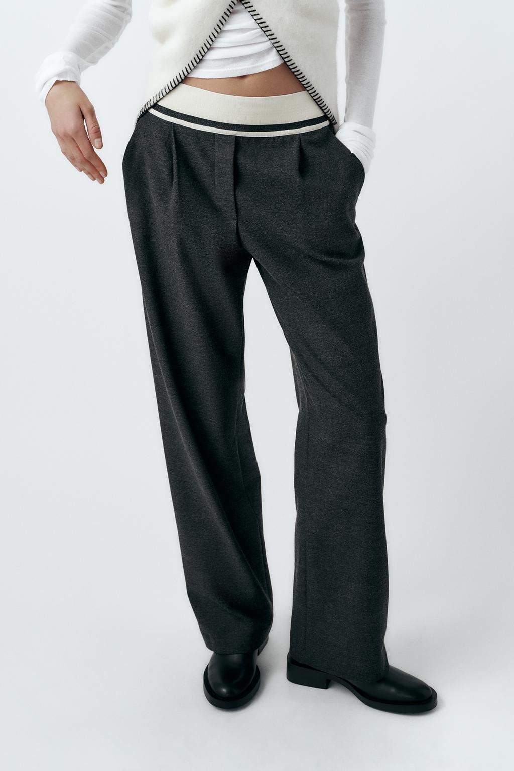 Брюки с эластичным поясом ZARA, темно-серый меланж брюки glance с контрастным поясом 42 размер
