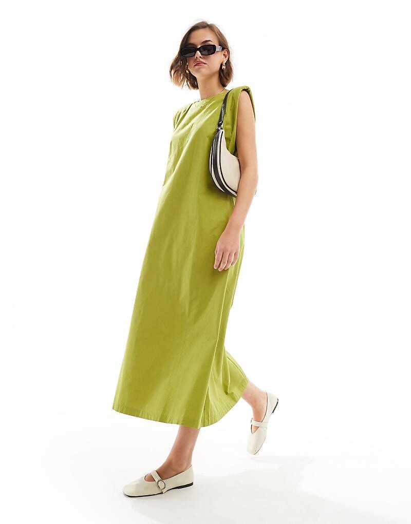 

ASOS DESIGN – Бесформенное хлопковое платье миди оливкового цвета с подплечниками