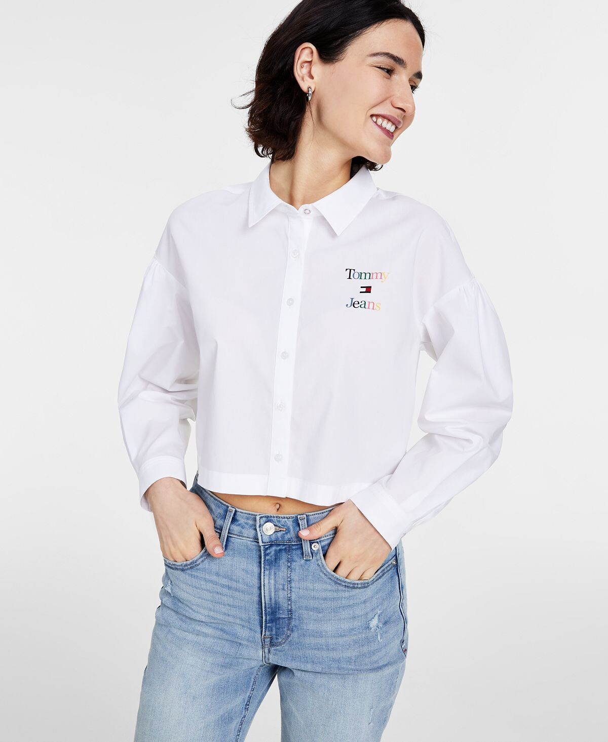 

Женская хлопковая укороченная рубашка на пуговицах Tommy Jeans, белый