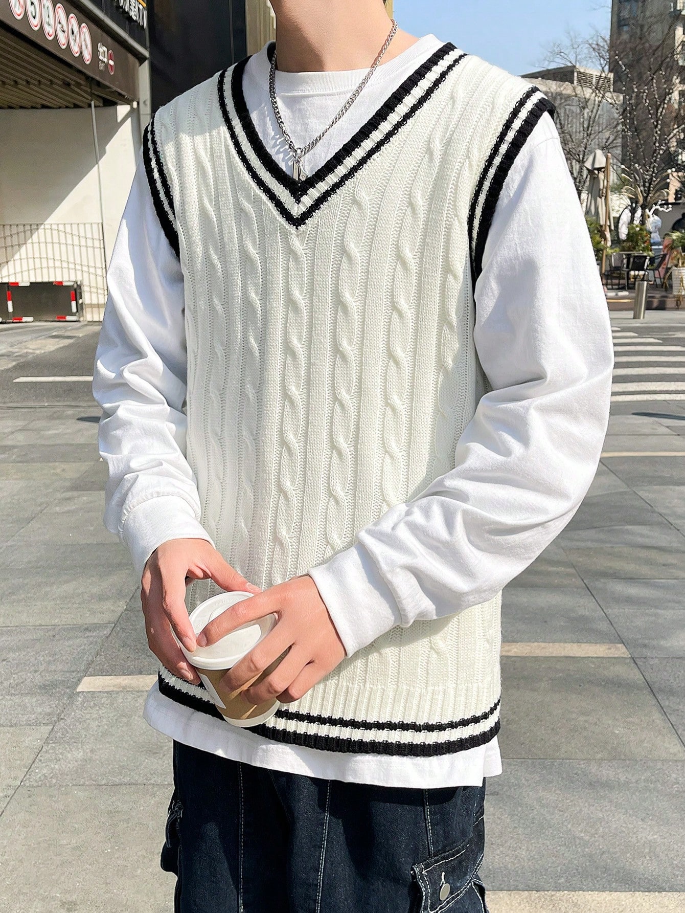Мужской свитер в полоску с v-образным вырезом Manfinity Sporsity, белый японский зимний кардиган с v образным вырезом мужской свитер в английском стиле ретро с бриллиантами жаккардовый харадзюку повседневны