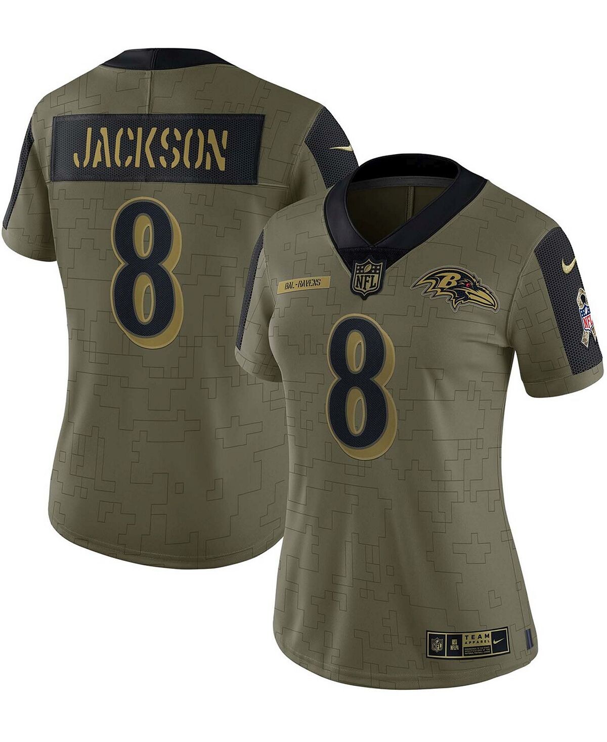 

Женская майка Lamar Jackson Olive Baltimore Ravens 2021 Salute To Service Limited Player Nike