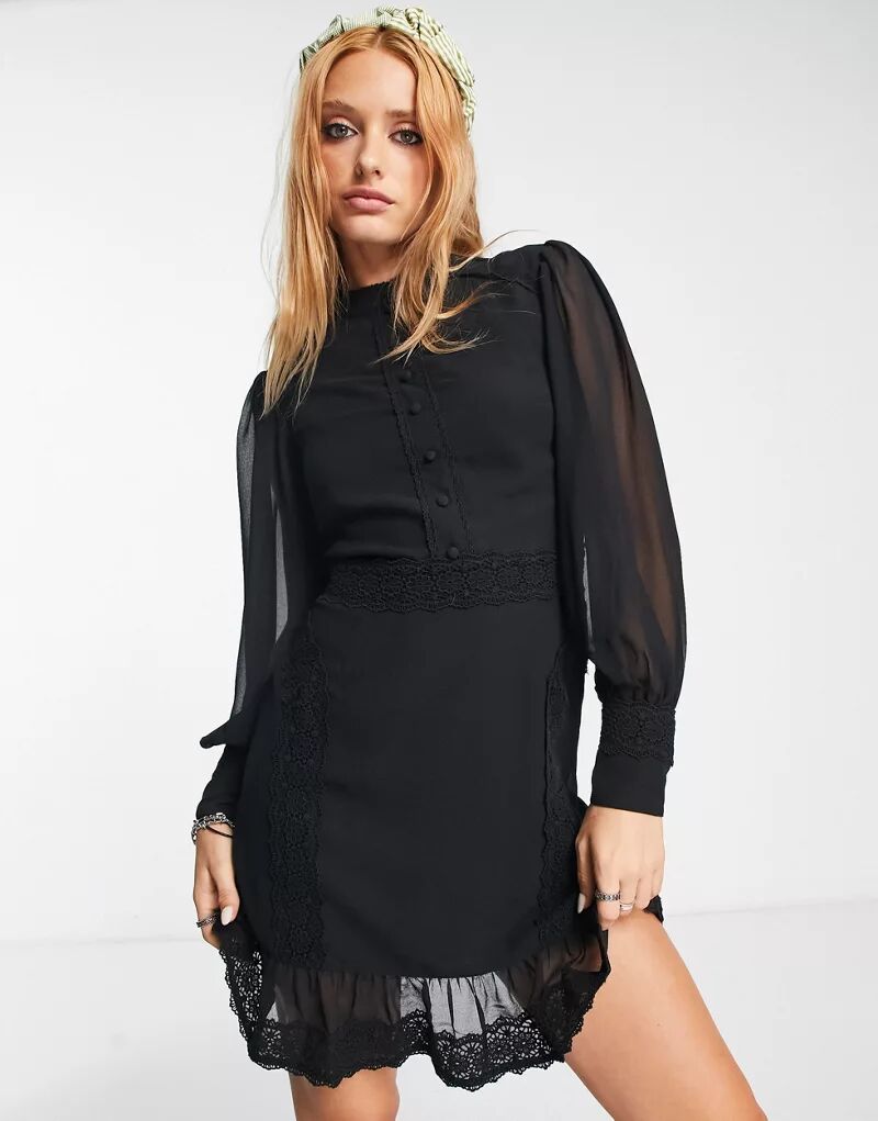 цена Черное платье мини с высоким воротником Reclaimed Vintage