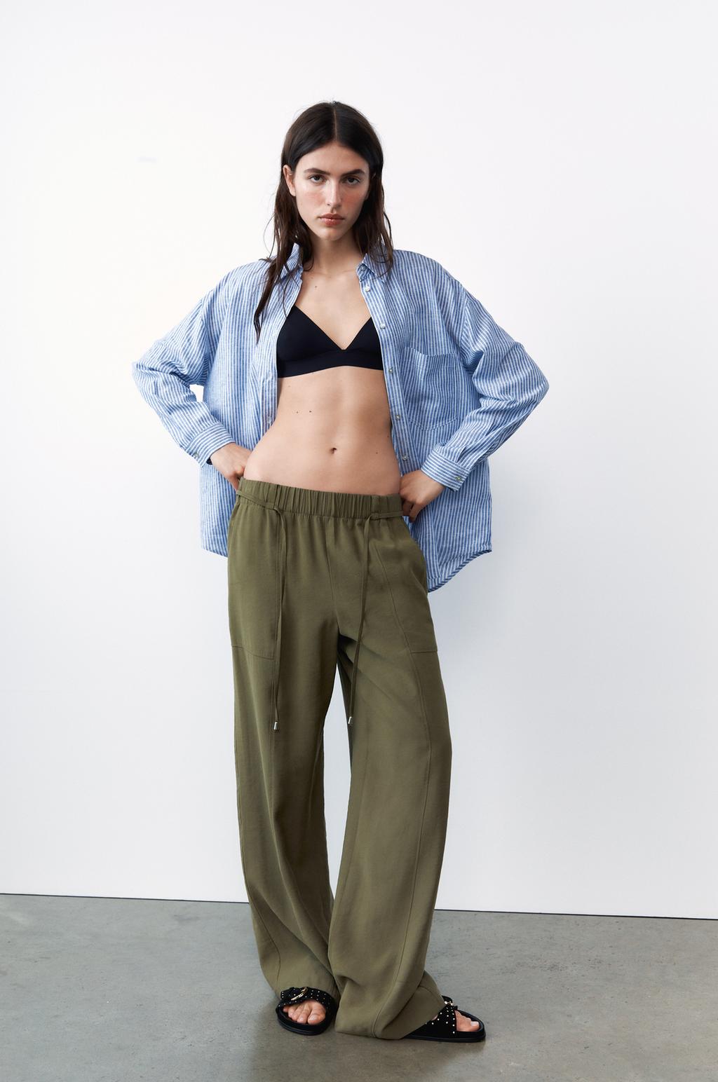 Широкие брюки с эластичным поясом ZARA, хаки цена и фото