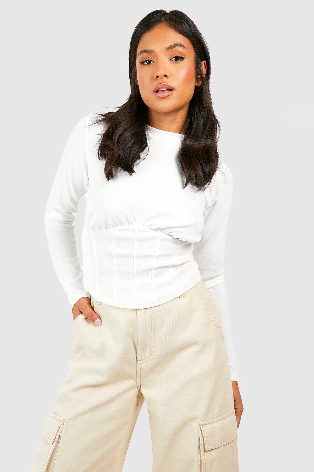 

Топ с длинным рукавом из измятого корсета в ребки Boohoo, слоновая кость