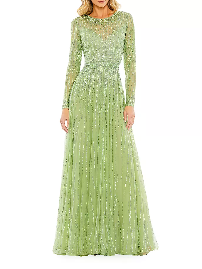 

Иллюзионное платье с длинными рукавами и пайетками Mac Duggal, цвет sage