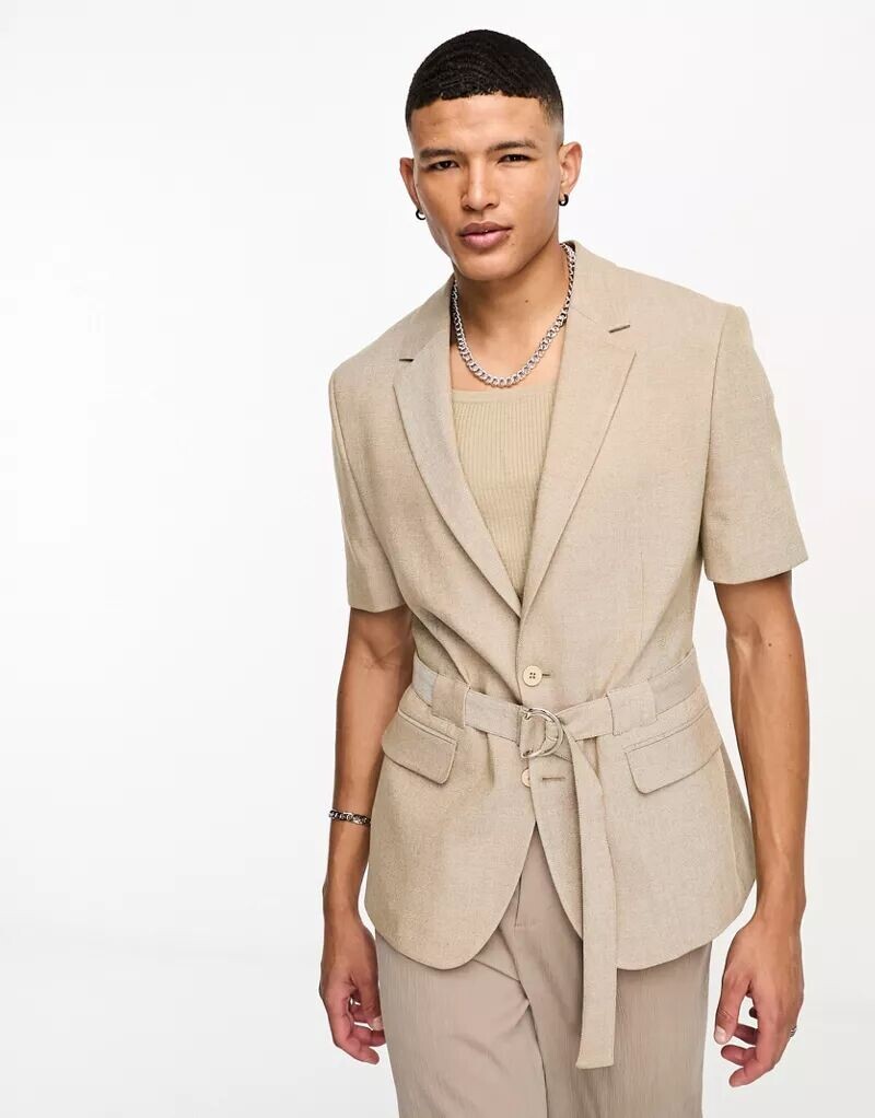 

Светло-коричневый костюмный пиджак с короткими рукавами и поясом ASOS