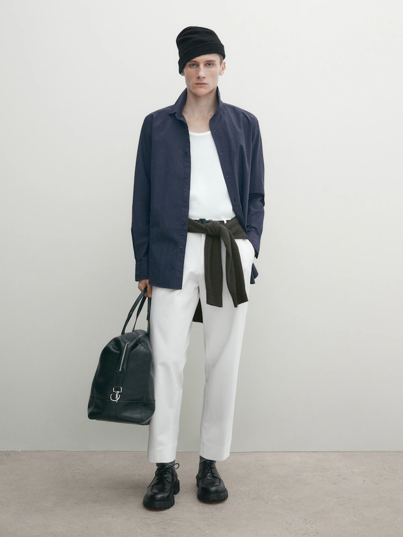 

Рубашка узкого кроя с рисунком «елочка» из 100% хлопка Massimo Dutti, синий