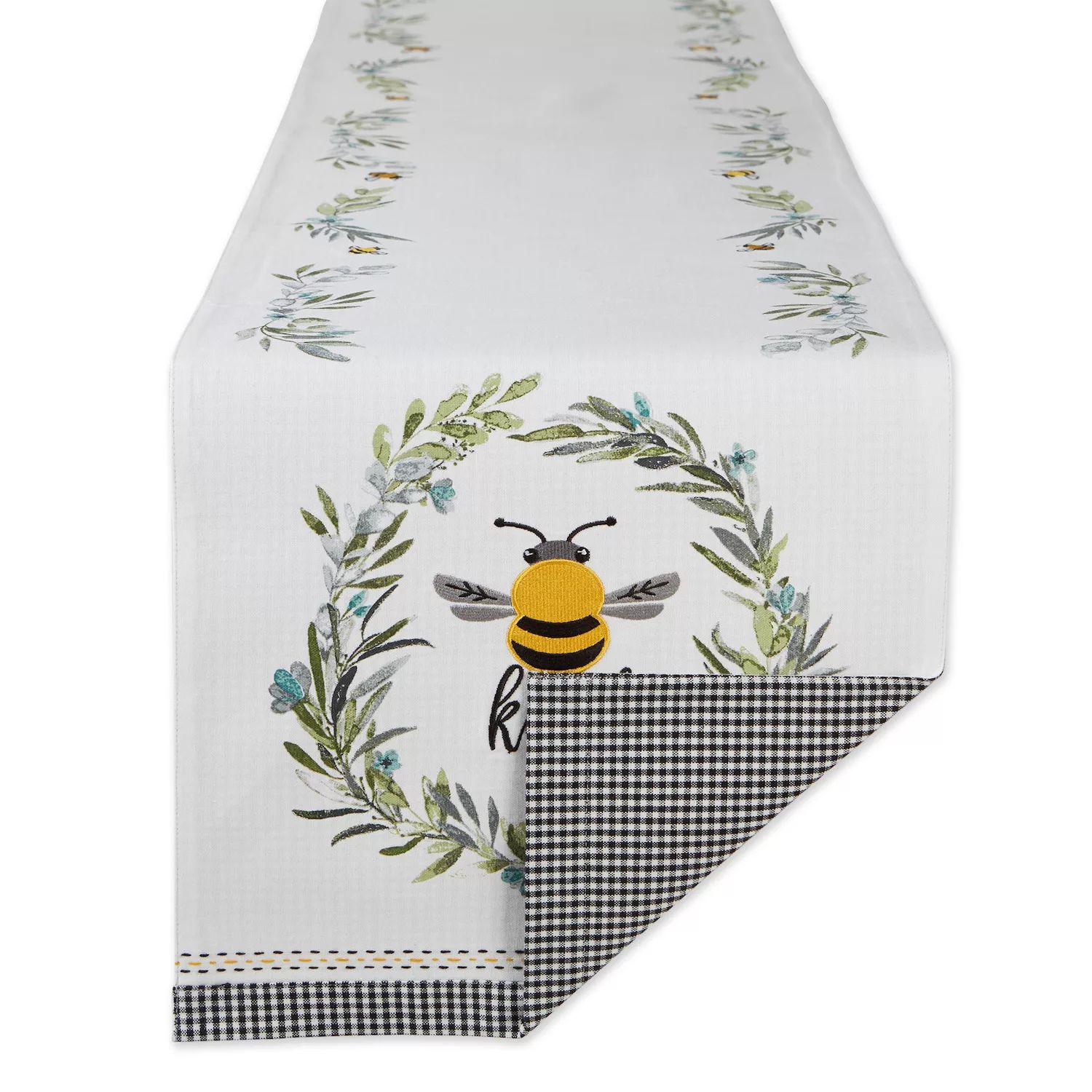цена Двусторонняя украшенная скатерть Bee Kind, бело-серая и желтая прямоугольная скатерть размером 14 x 108 дюймов.
