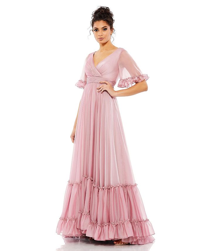 Женское струящееся платье с рукавами-бабочками и оборками и запахом-бабочкой Mac Duggal, розовый женское платье с длинными рукавами рюшами и блестками v образным вырезом mac duggal красный