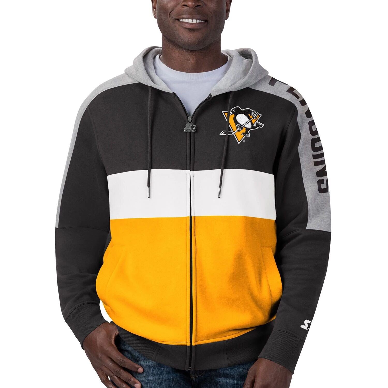 

Мужская стартовая черная/золотая толстовка с молнией во всю длину Pittsburgh Penguins Playoffs Color Block Starter