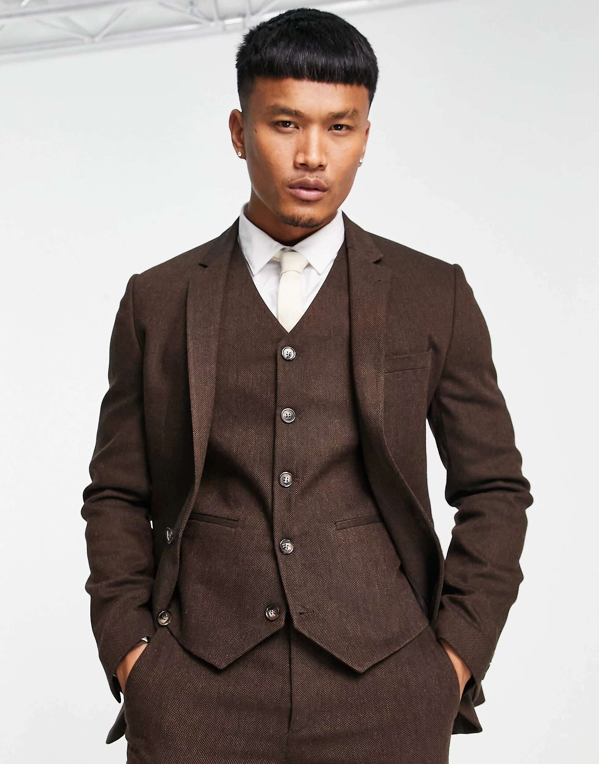 Коричневый твидовый пиджак суперскинни из смесовой шерсти ASOS пиджак из смесовой шерсти uniqlo темно коричневый