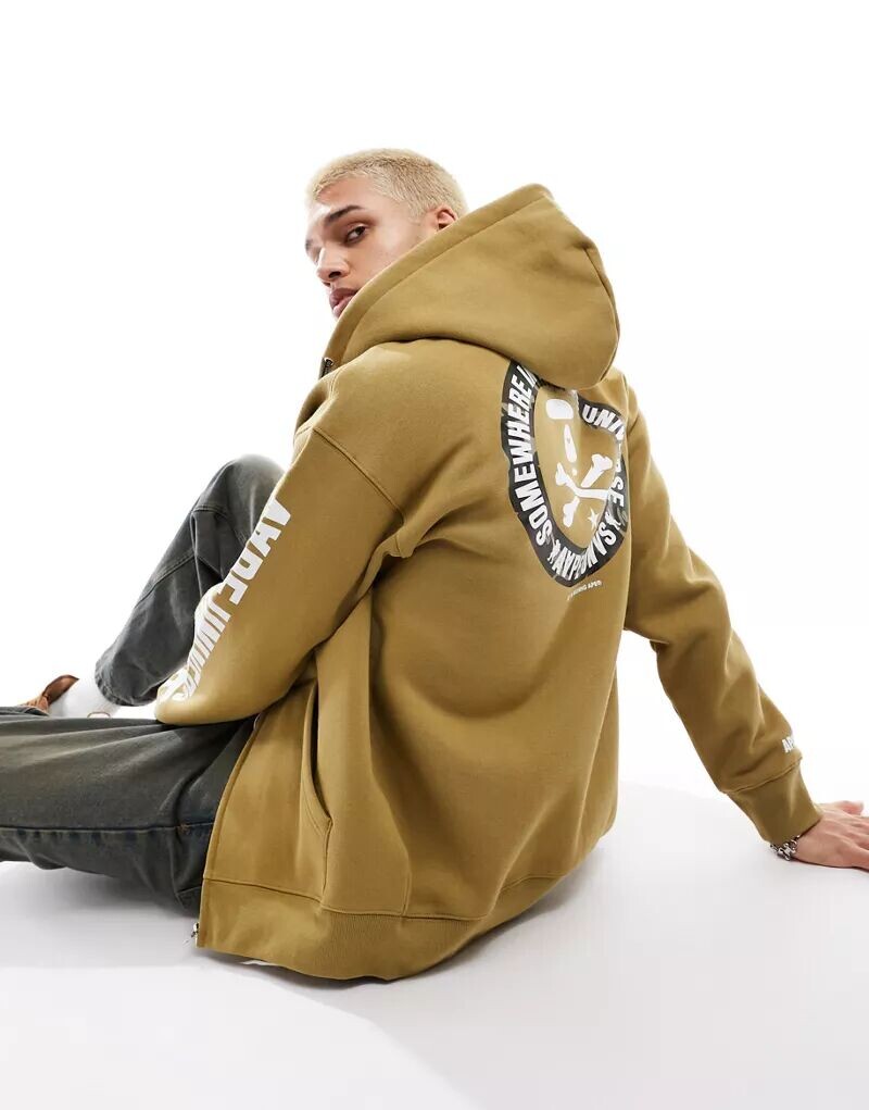 

Толстовка цвета хаки AAPE by A Bathing Ape с Х-образным принтом в виде костей на спине