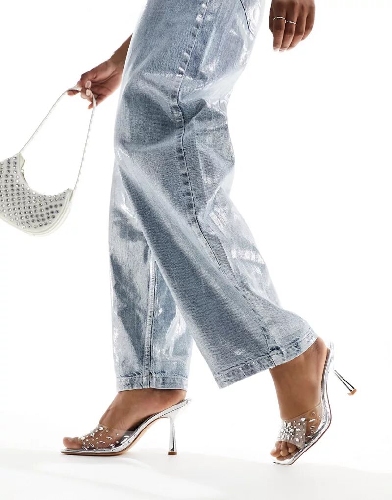 Серебристые босоножки на среднем каблуке Public Desire Shelly с прозрачным ремешком с украшением public
