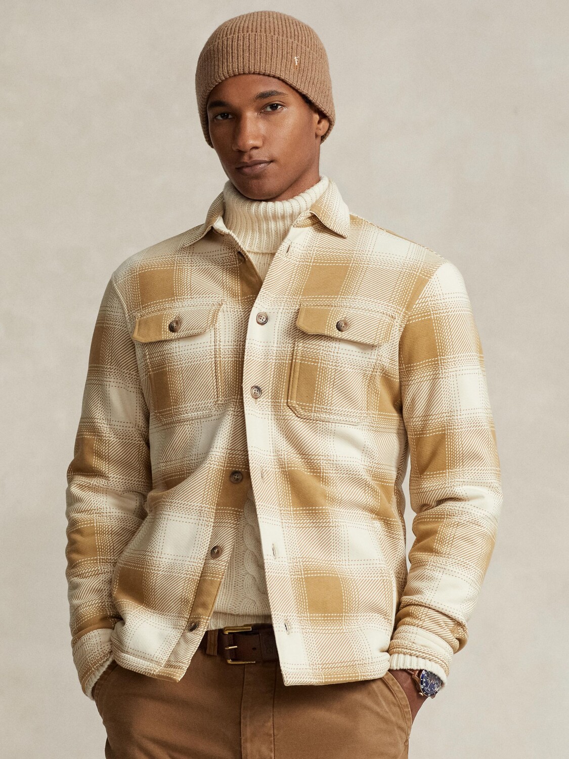 

Флисовая куртка-рубашка в клетку-поло Ralph Lauren, кэмел