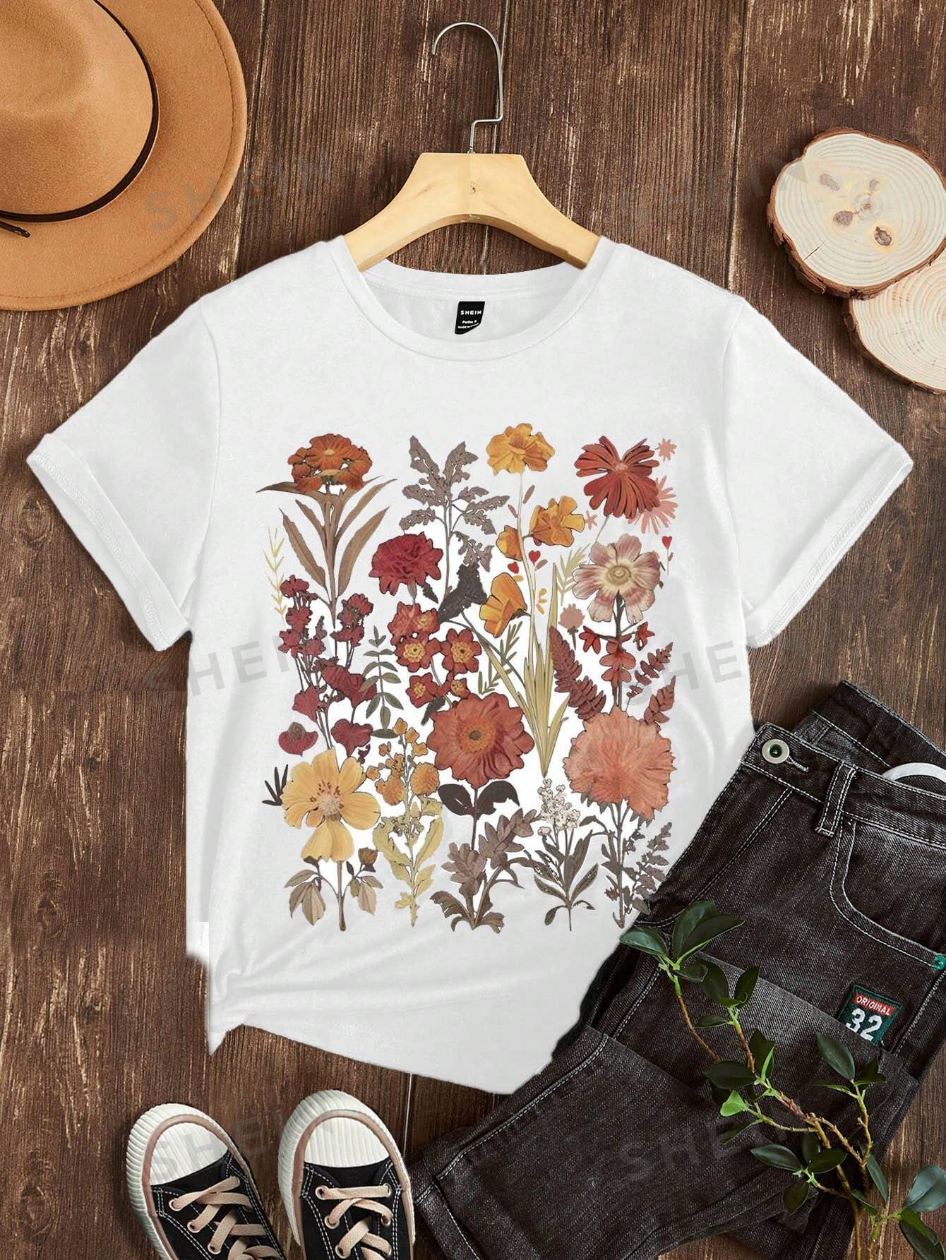 цена SHEIN Essnce Повседневная футболка с цветочным и растительным узором, белый