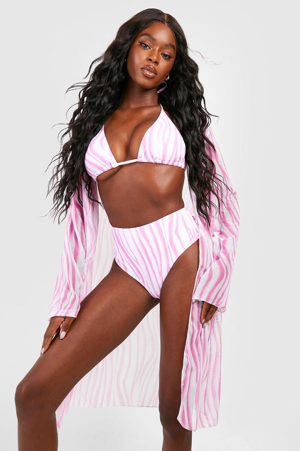 

Комплект бикини и кимоно из 3 частей мрамора Boohoo, розовый