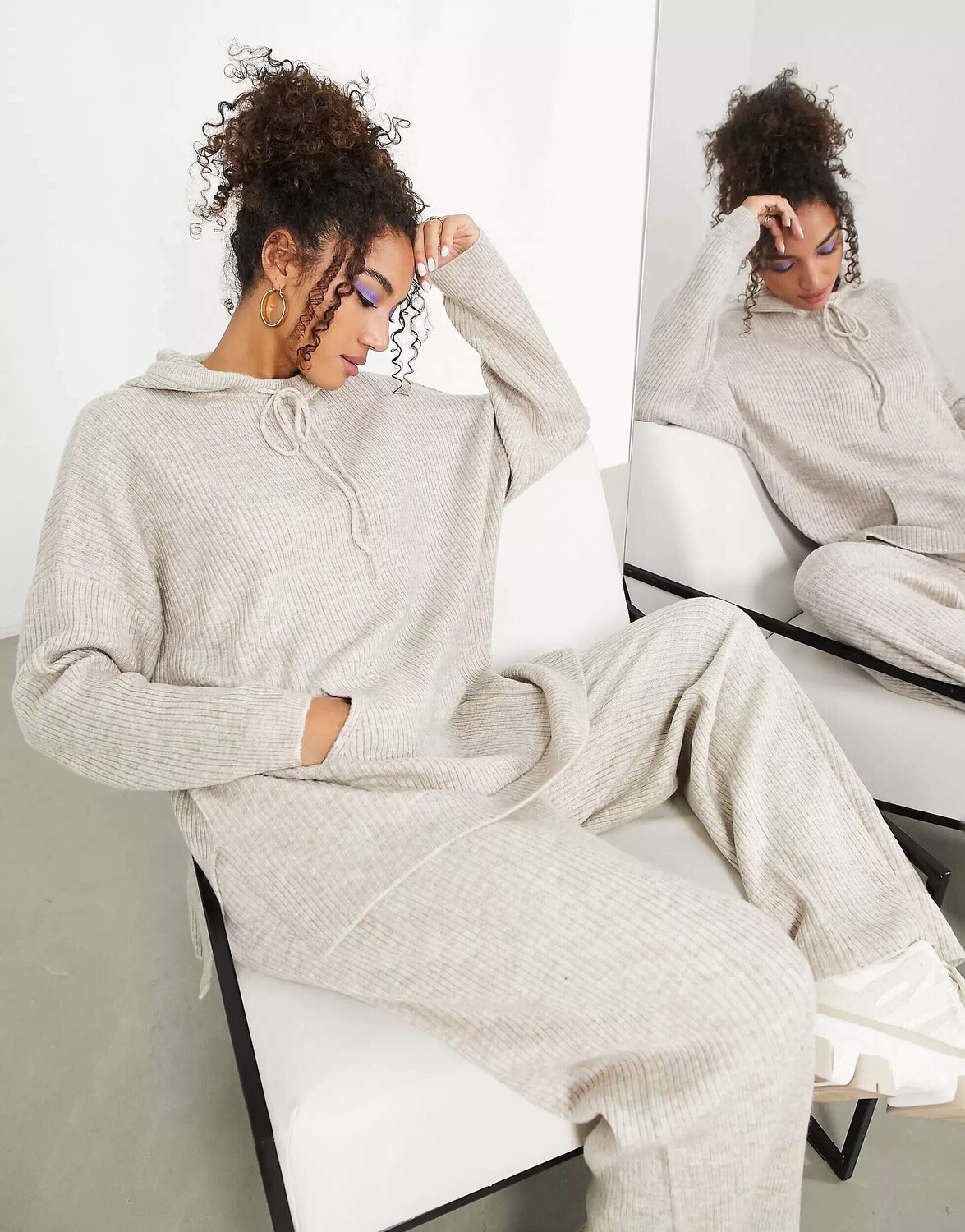

Овсяное вязаное худи в рубчик ASOS
