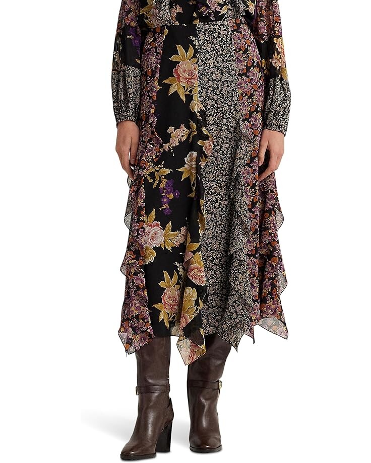 

Юбка LAUREN Ralph Lauren Petite Mixed Floral Ruffle Trim Georgette, черный