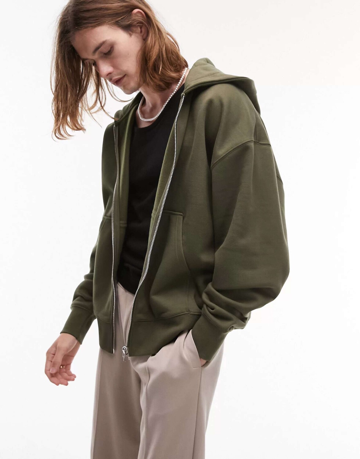 

Толстовка оверсайз премиум-класса Topman на молнии цвета хаки