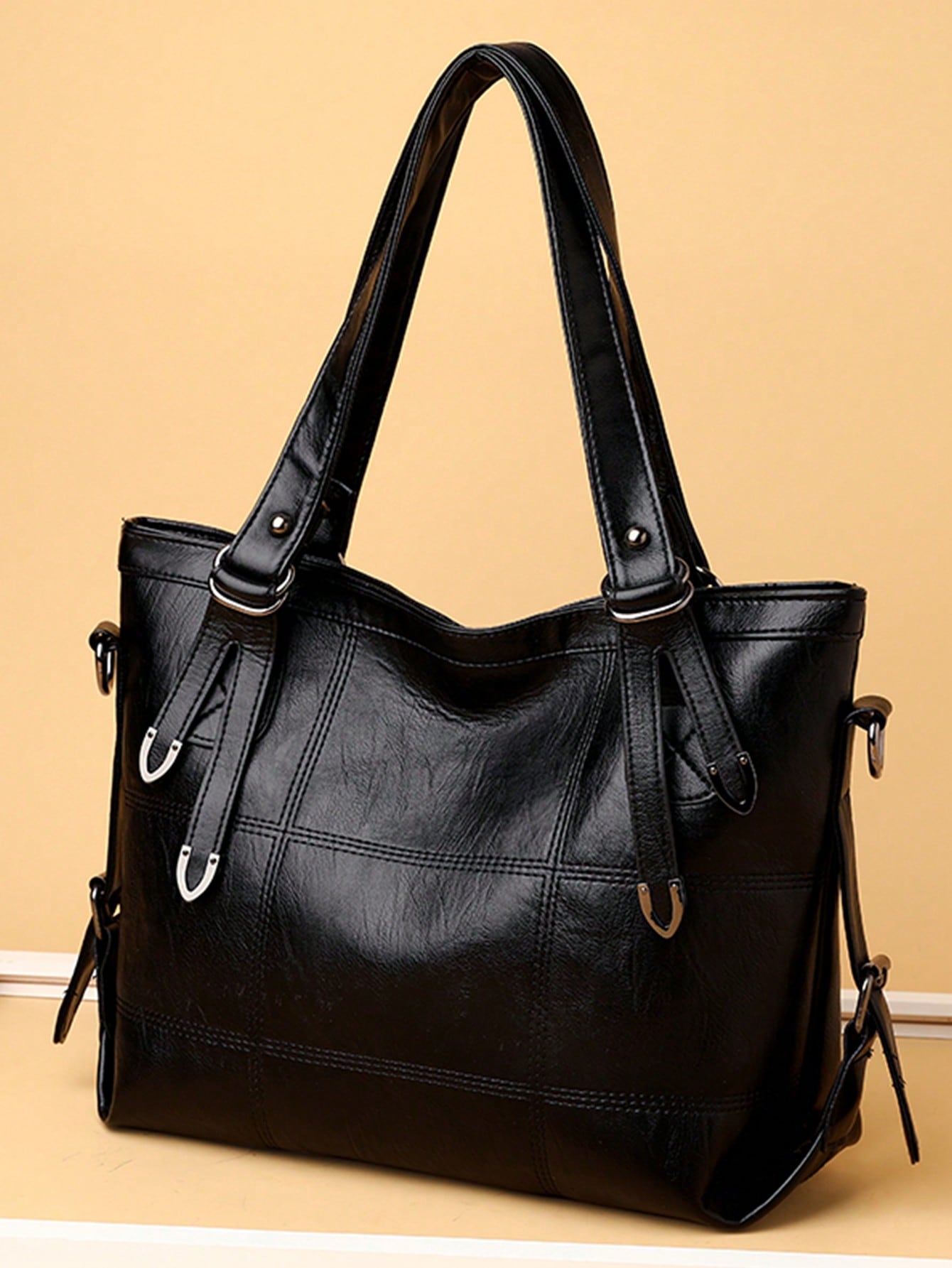 Минималистская большая сумка с двойной ручкой, сплошной цвет, черный