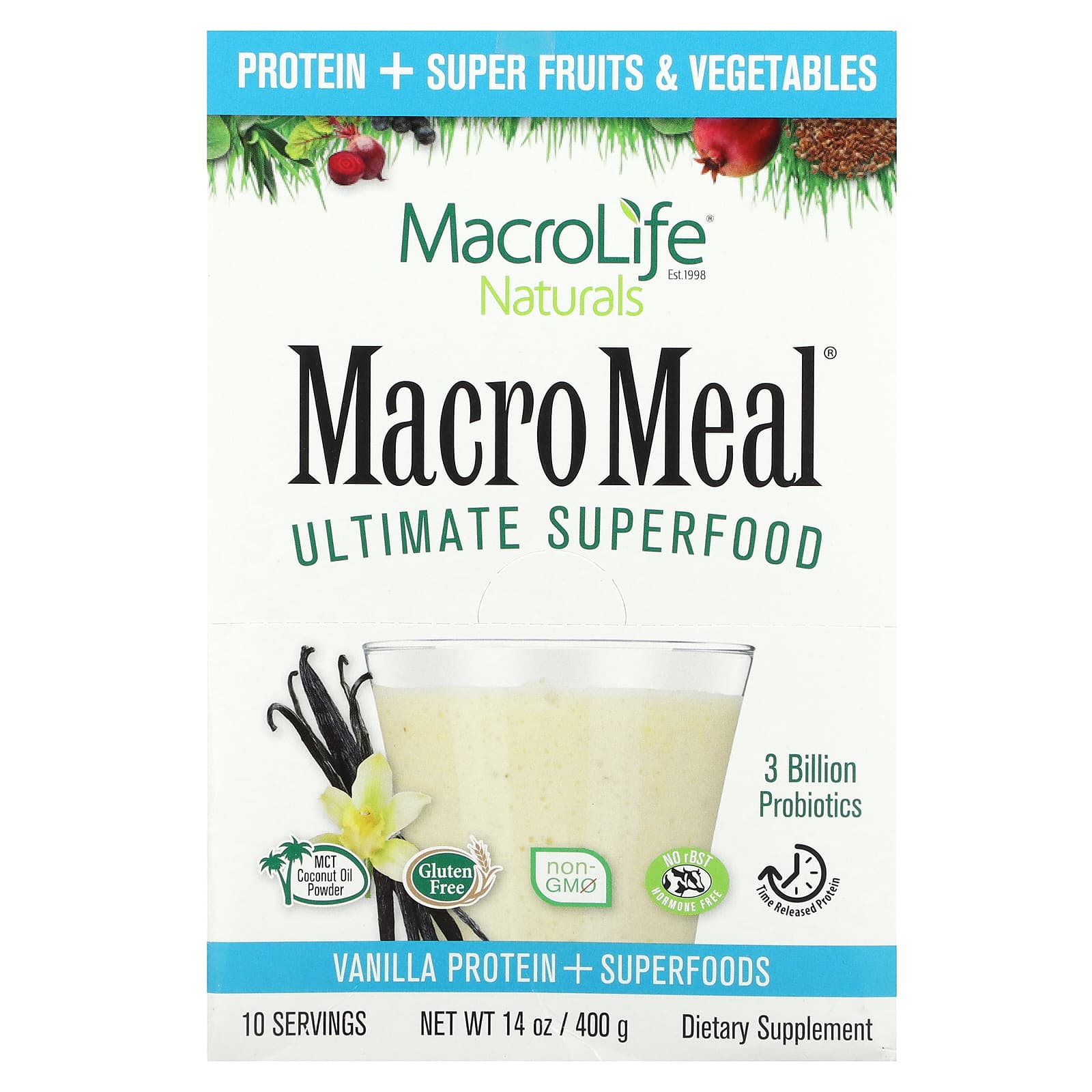 

MacroMeal, суперфуд, ваниль, 10 пакетиков по 40 г (1,4 унции), Macrolife Naturals