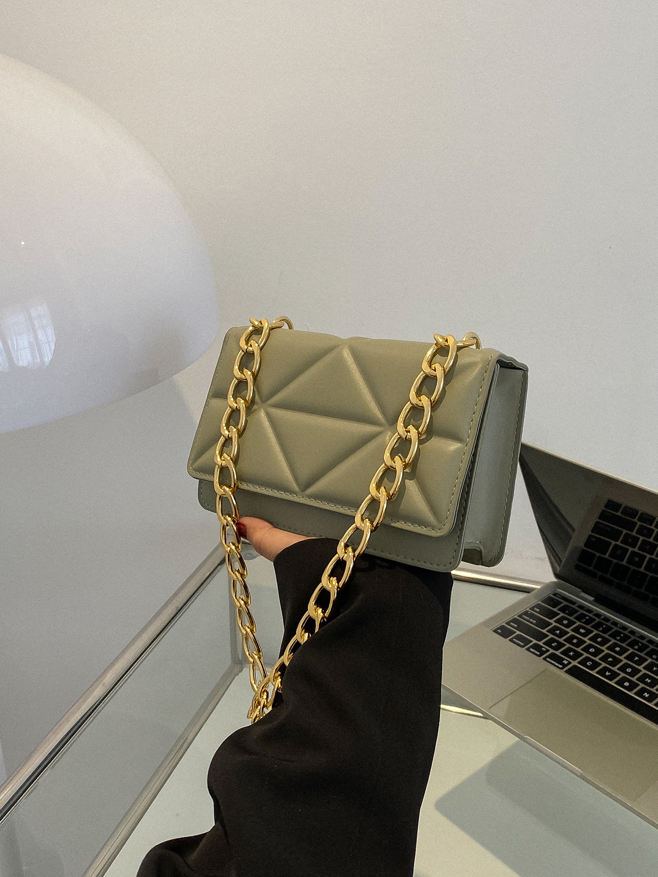 Легкая деловая повседневная мини-квадратная сумка с геометрическим тиснением и цепочкой с клапаном для девочек-подростков, оливково-зеленый