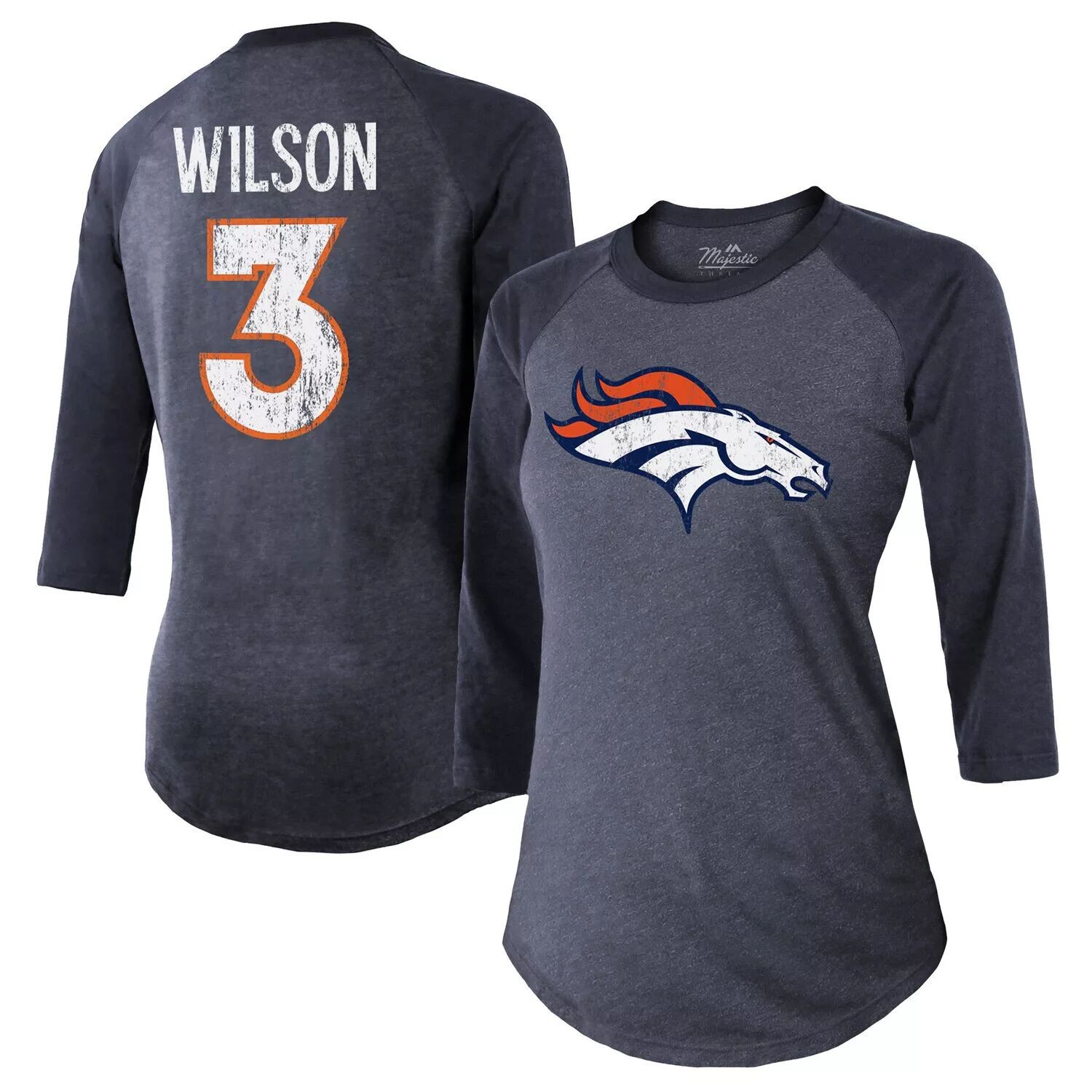 

Женская футболка Majestic Threads Russell Wilson Navy Denver Broncos с именем и номером реглан с рукавами 3/4 Majestic