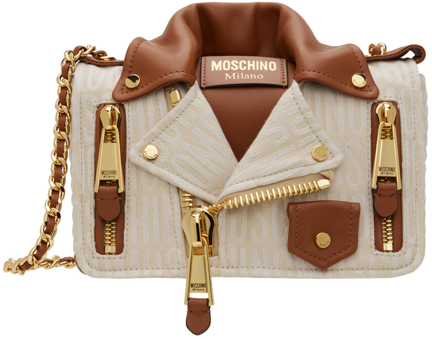 

Бежево-коричневая мотосумка с логотипом Moschino