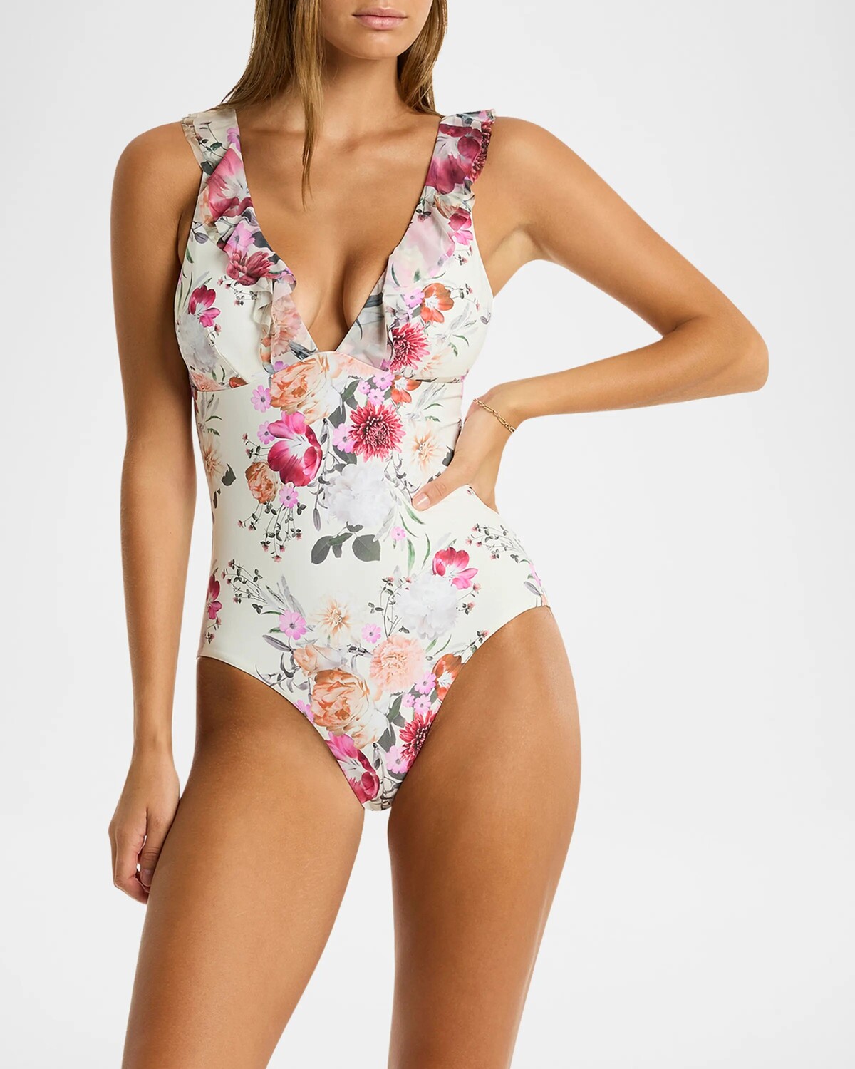 

Цельный купальник с цветочной оборкой Sea Level Swim, цвет Coconut