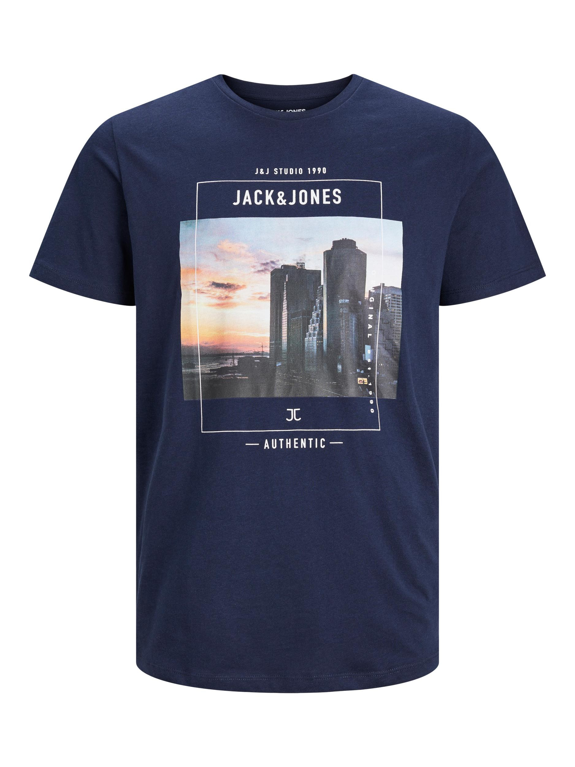 цена Jack & Jones — Хлопковая футболка с принтом, темно-синий