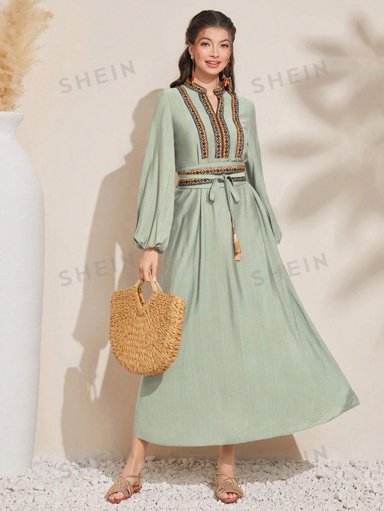 SHEIN Mulvari Женское платье с вырезом и геометрическим узором, мятно-зеленый женское платье с высокой талией длинное приталенное платье во французском стиле с рукавами фонариками и квадратным вырезом весна лето