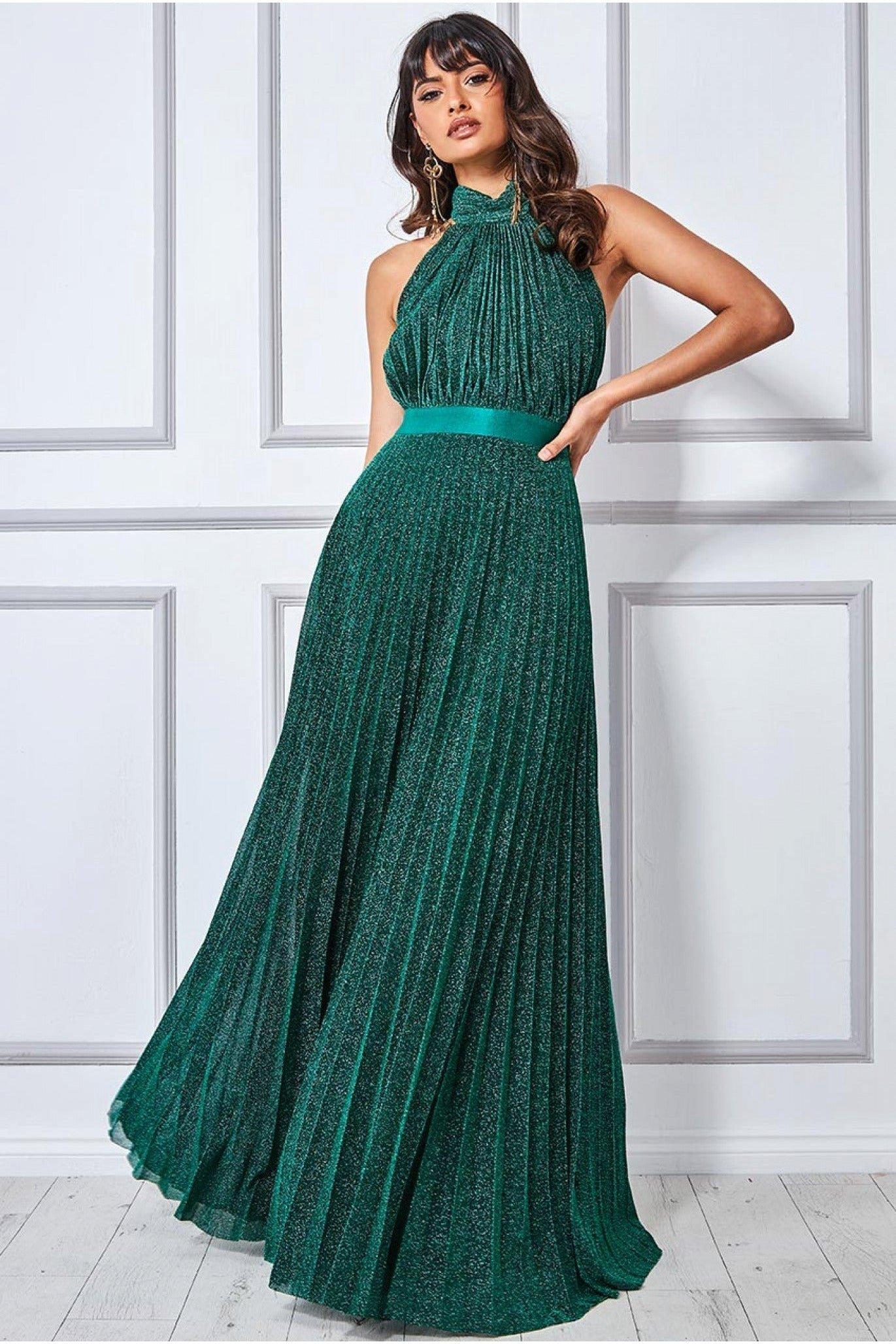 Плиссированное платье макси с воротником-халтер и люрексом Goddiva, зеленый