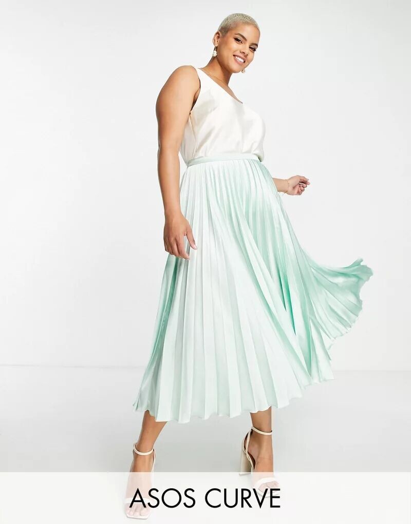 

Мятно-зеленая плиссированная атласная юбка миди ASOS DESIGN Curve