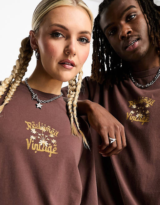 

Коричневая футболка унисекс с рисунком флоры на спине Reclaimed Vintage, Коричневый