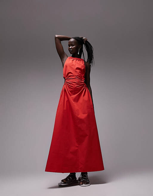 

Красное платье миди из поплина с вырезами Topshop