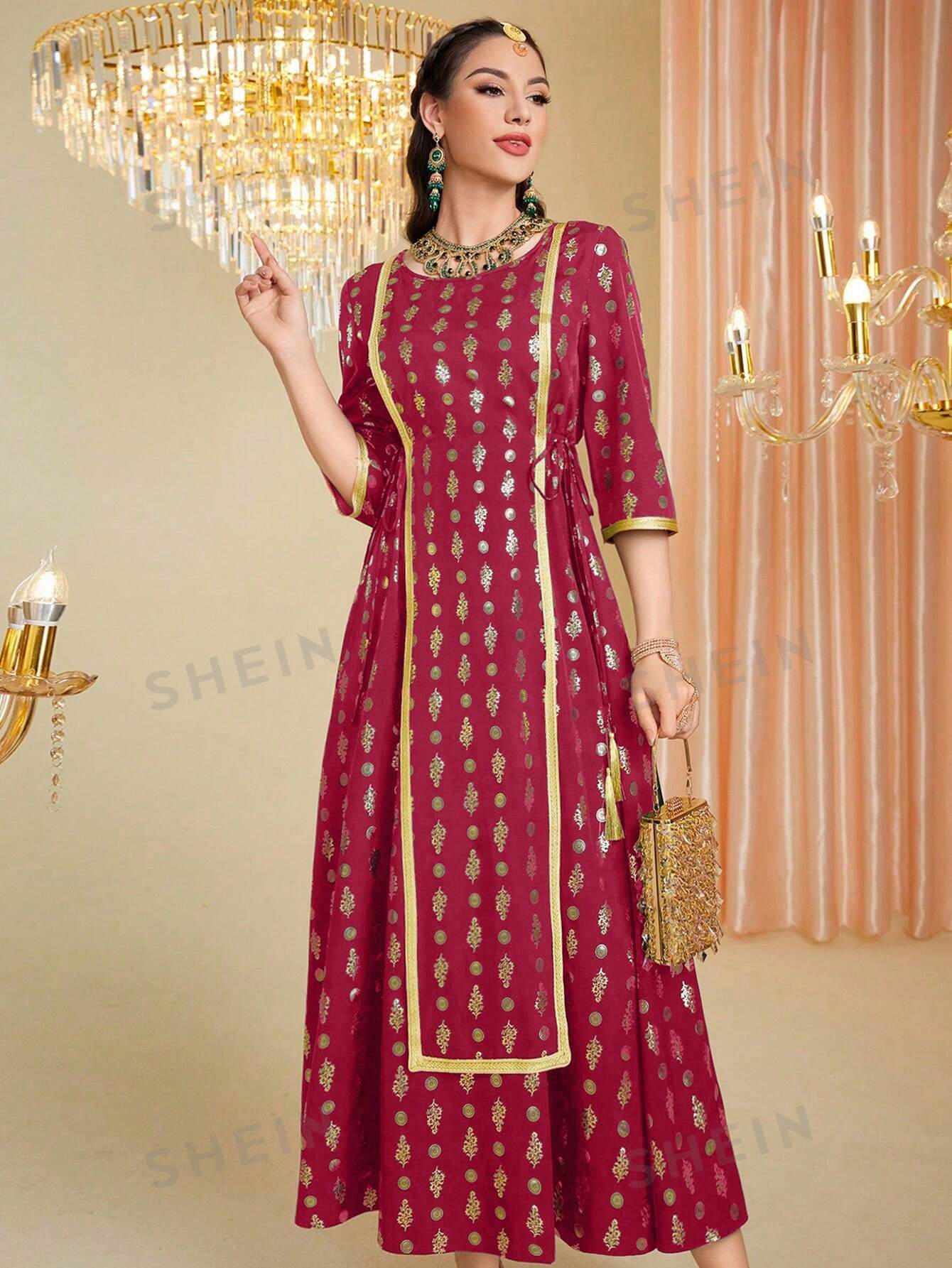 SHEIN Mulvari Женское традиционное платье с круглым вырезом, красный