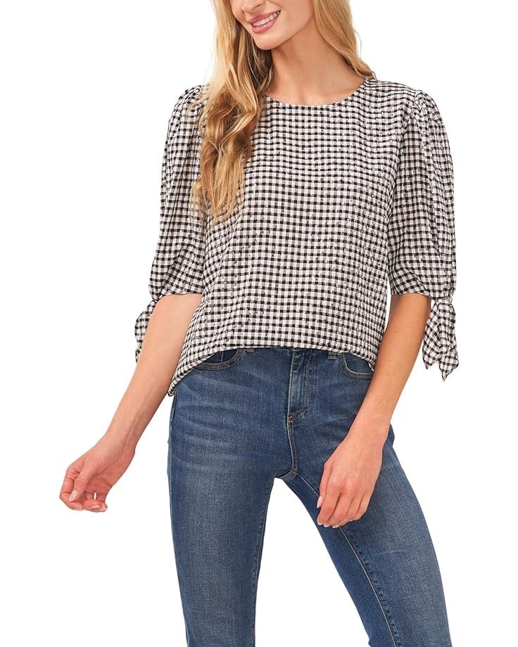 Блуза CeCe Tie Sleeve Gingham, черный