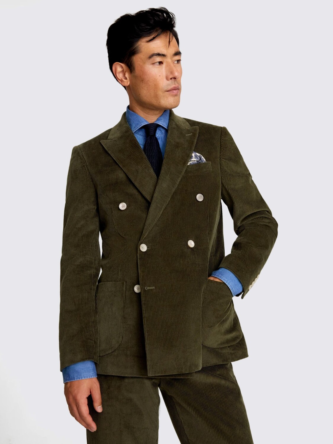 

Двубортный вельветовый пиджак индивидуального кроя Moss, оливковое