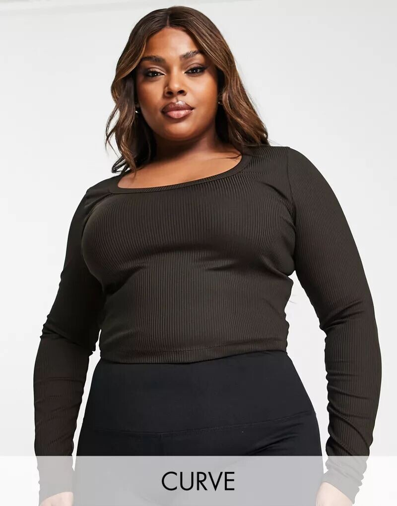 

Коричневый спортивный топ в рубчик с длинными рукавами ASOS Curve