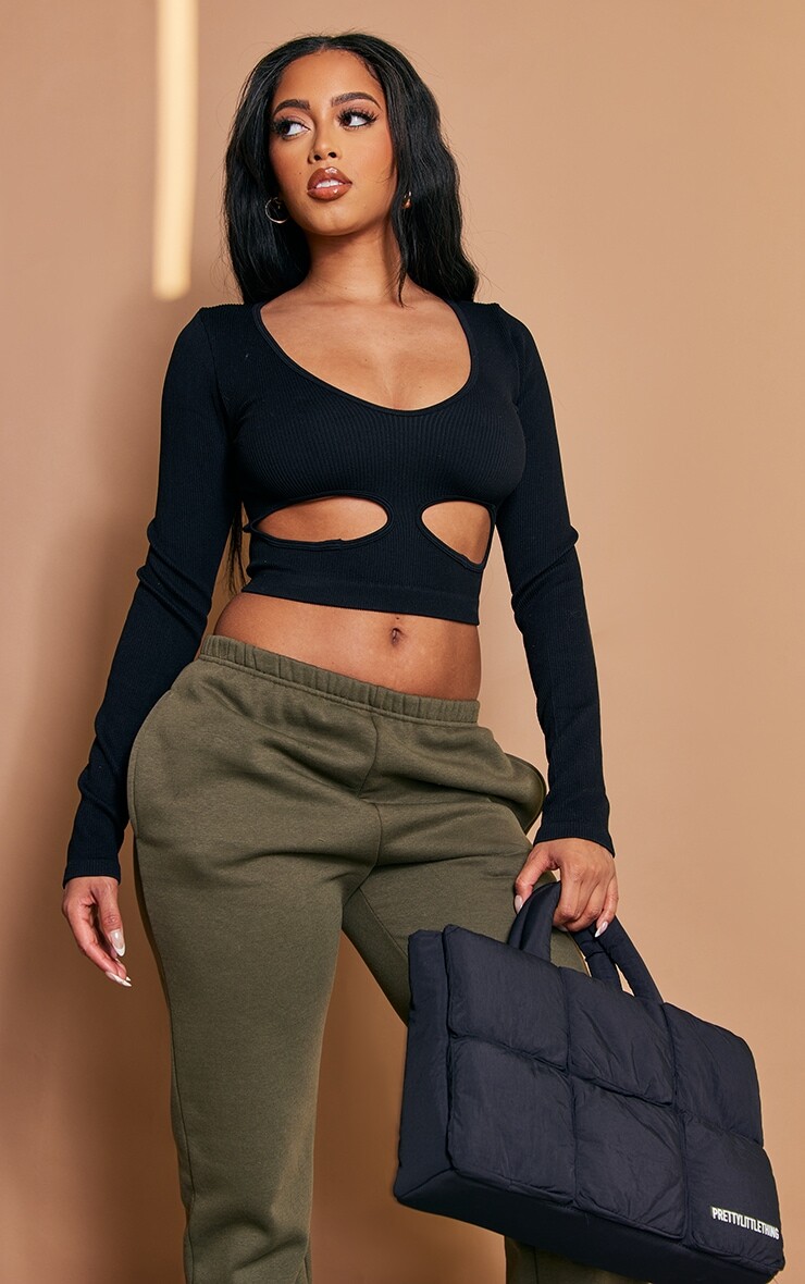 

PrettyLittleThing Черный укороченный топ с длинными рукавами и вырезами в рубчик